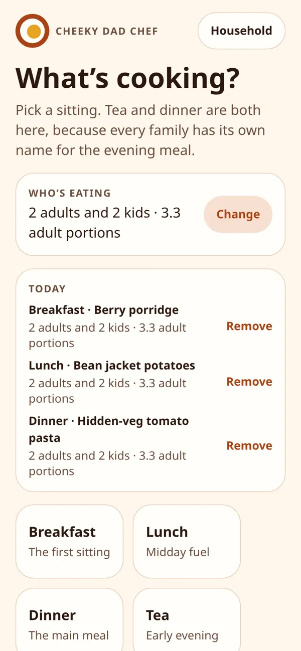 Cheeky Dad Chef home screen with today's meals for a family of four