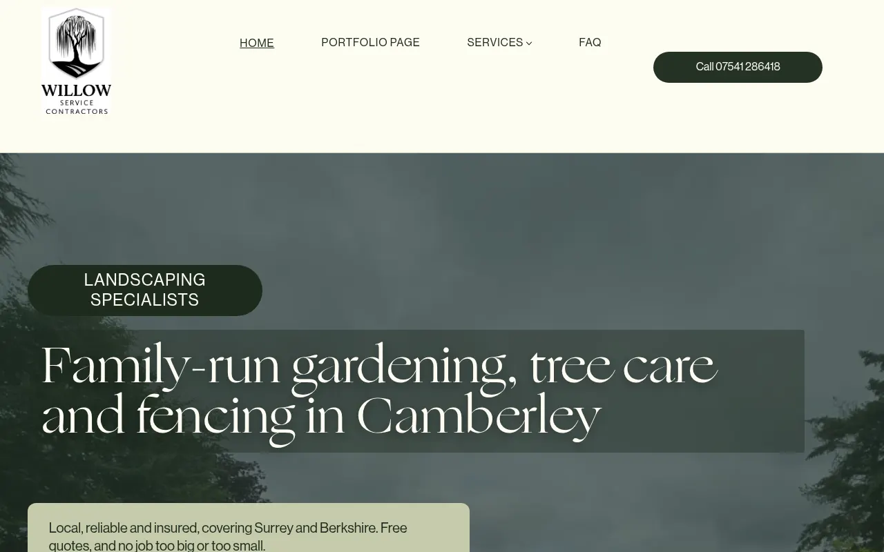 Willow Service Contractors homepage after the rework